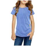 Knot Tunic Button Short Girls Sleeve TShirt Casual Tops Front Blouse Tee Kids Girls Tops Blue 4Y-5Y
