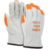 ATERET 24 Pairs 3X-Large Hi Vis Heavy Duty Durable Cowhigh Leather Work Gloves I Orange Tip - Watch Your Hand I Driver Gloves for Truck Driving Warehouse Gardening Farming (3X-Large 24)