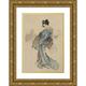 Katsushika Hokusai 18x24 Gold Ornate Framed and Double Matted Museum Art Print Titled - Woman Full-Length Portrait Standing Facing Left Holding Fan in Right Hand Wearing Kimono with Che
