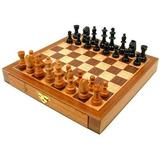 Hey! Play! Elegant Inlaid Wood Cabinet with Staunton Wood Chessmen Brown