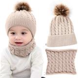 Zukuco 2PCS Toddler Baby Knit Hat Scarf Winter Warm Beanie Cap with Circle Loop Scarf Neckwarmer (Beige)