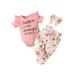 ZIYIXIN Newborn Infant Baby Girl Clothes 3Pc Letter Print Lace Flower Ribbed Romper Tops+Long Floral Pants+Headband Set Pink 3-6 Months