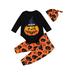 aturustex Halloween Newborn Baby Girls Boys Outfit Cartoon Pumpkin Printed Long Sleeve Romper+ Ghost Pants+ Hat 3Pcs