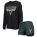 "Women's Concepts Sport Heather Black/Heather Hunter Green Milwaukee Bucks Team Raglan Long Sleeve T-Shirt & Shorts Sleep Set"