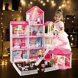 Dream House Doll House Kit DollHouse with Lights Slide Pets and Dolls DIY Pretend Play Building Playset Toys with Asseccories and Furniture Princess House for Toddlers Kids Boy & Girl (11 Rooms)