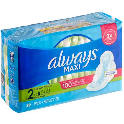 Always Maxi 32-Count Unscented Menstrual Pad with Wings - Size 2 Long Super - 6/Case