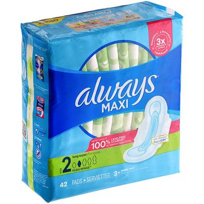 Always Maxi 42-Count Unscented Menstrual Pad without Wings Size 2 Long Super - 6/Case