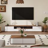 Modern Wood TV Stand, Lowline Media Console with 4 Drawers, Open Storage Cabinet, Walnut Veneer, Fully-assembled