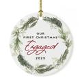 The Holiday Aisle® Round Porcelain Christmas Tree Ornament Keepsake Gift, Our First Christmas Engaged | 2.8 H x 2.8 W x 0.1 D in | Wayfair