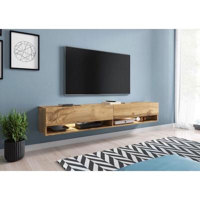 Meuble tv Lowboard a 180 cm, meuble tv avec éclairage led, deux étagères, couleur wotan