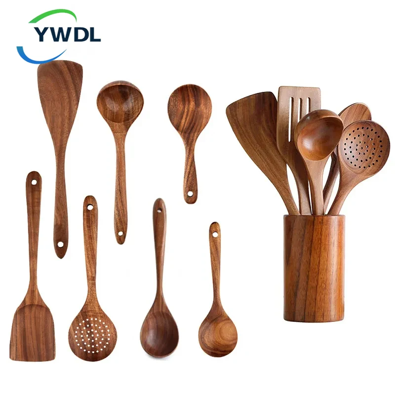 YWDL – cuillère de cuisine en teck naturel, spatule en bois, ensemble d'ustensiles antiadhésives pour la cuisine avec crochets suspendus, outil d'ustensiles de cuisine