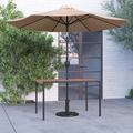 Merrick Lane 30 x 48 Outdoor Powder Coated Steel Dining Table with Faux Teak Poly Slat Top 9 Tan Patio Umbrella and Base