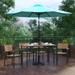 BizChair 7 Piece Outdoor Patio Dining Table Set with 4 Synthetic Teak Stackable Chairs 30 x 48 Table Teal Umbrella & Base