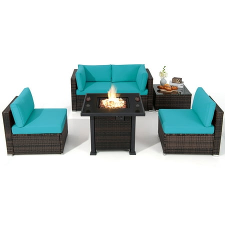 Topbuy 6 Piece Patio Wicker Conversation Set Outdoor Rattan Sofa Set w/32 Propane Fire Pit Table 50 000 BTU Heat Tempered Glass Tabletop Turquoise