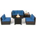 Topbuy 6 Piece Patio Wicker Conversation Set Outdoor Rattan Sofa Set w/32 Propane Fire Pit Table 50 000 BTU Heat Tempered Glass Tabletop Navy Blue