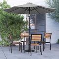 Merrick Lane Seven Piece Faux Teak Patio Dining Set - 35 Square Table 4 Armless Stacking Club Chairs and 9 Gray Patio Umbrella & Base