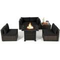 Topbuy 6 Piece Patio Wicker Conversation Set Outdoor Rattan Sofa Set w/ 32 Propane Fire Pit Table 50 000 BTU Heat Tempered Glass Tabletop Black