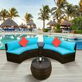 BTMWAY 4 Pcs Patio Furniture Set Outdoor Wicker Half-moon Sectional Furniture Set with Coffee Table and 2 Pillows Outside Rattan Conversation Sofa Set for Backyard Garden Blue Cushion+Brown Wicker