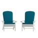 Flash Furniture Charlestown Set of 2 All-Weather Poly Resin Wood Adirondack Chairs in White with Teal Cushions for Deck Porch and Patio