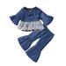 Girls Thanksgiving Outfit Toddler Kids Children Baby Girls Long Ruffled Sleeve Patchwork Nylon Lace Tops Blouse Solid Bell Bottomed Pants Outfits Set 2PCS Clothes Mom Baby Matching Headbands