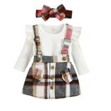 ZCFZJW Toddler Baby Girls Outfits Infant Long Sleeve Ruffle Ribbed Shirt Overall Romper Bow Plaid Skirt with Plaid Headband 3 Piece Sets Cotton Clothes(Red 18-24 Months)