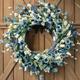 20 Inch Spring Wreath Blue with Green Leaves Wreath Blue Daisy Artificial Grains White Flower Wreath for Front Door Wreath Farmhouse Decor Indoor&Outdoor Wedding Wall Home Decor