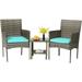 3 Piece Outdoor Furniture Set Patio Gray Wicker Chairs Furniture Bistro Conversation Set 2 Rattan Chairs with Blue Cushions and Glass Coffee Table for Porch Lawn Garden Balcony Backyard