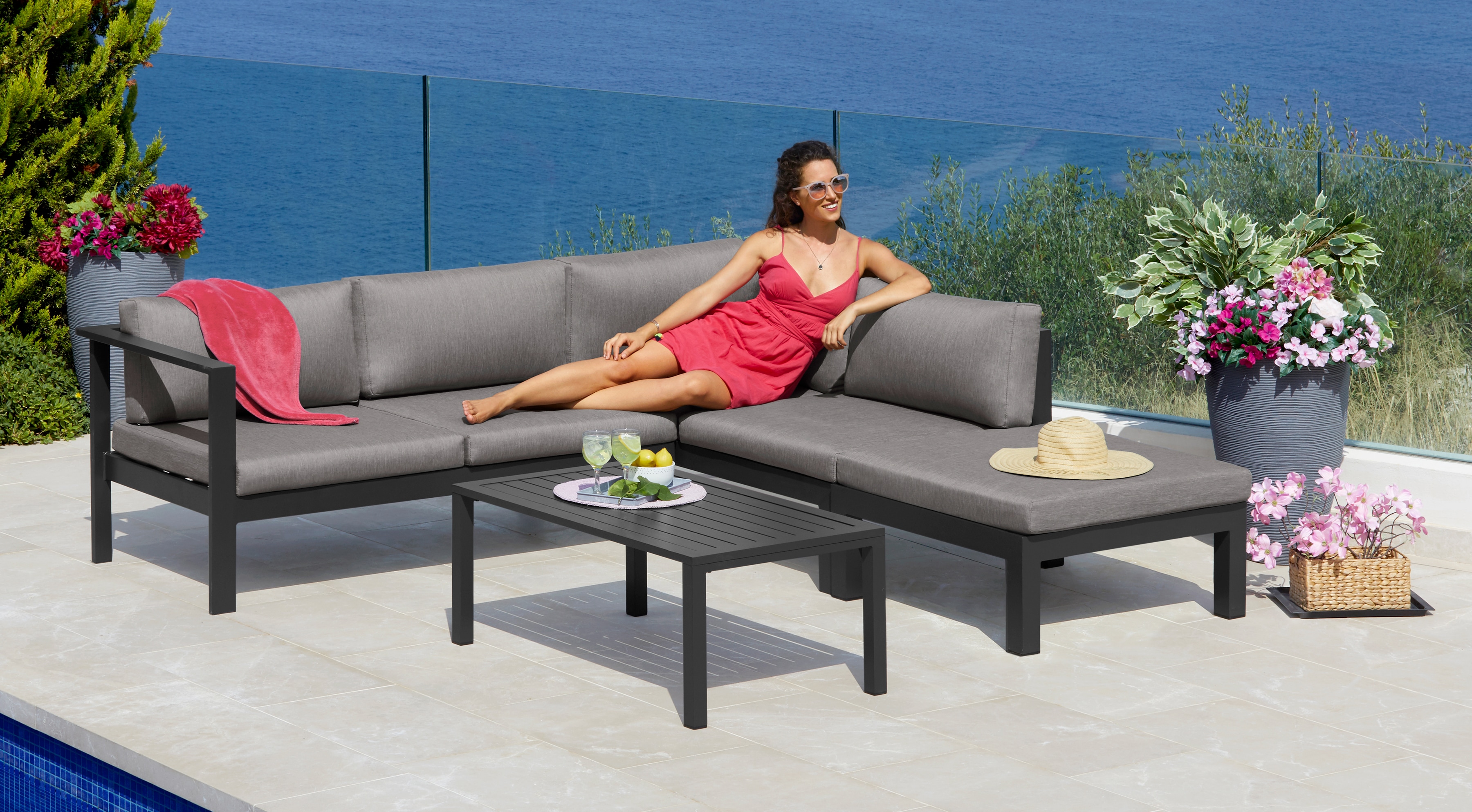 Gartenlounge-Set KONIFERA "Dubai", grau (anthrazit,), Aluminium, Sitzmöbel-Sets, Ecklounge, Tisch 100x59 cm, Aluminium