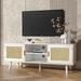 White Farmhouse Rattan TV Stand up to 55'' TV Mid-Century Modern Entertainment Center with Cabinet and Shelf