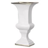 Ceramic Decorative Urn with Rectangular Opening, Large, White & Silver