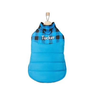 Frisco Personalized Boulder Plaid Insulated Dog & Cat Puffer Coat, Blue, XX-Large