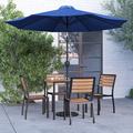 Merrick Lane Seven Piece Faux Teak Patio Dining Set - 35 Square Table 4 Armless Stacking Club Chairs and 9 Navy Patio Umbrella & Base