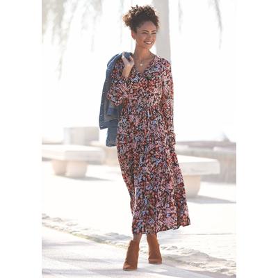 Maxikleid LASCANA, Damen, Gr. 44, N-Gr, bunt (floral, bedruckt), Web, Obermaterial: 100% Viskose, bedruckt, geblümt, modisch, figurumspielend ca. Mitte Wade, V-Ausschnitt, Langarm elastischer Bund, Kleider, mit Blümchenprint und V-Ausschnitt,... Image