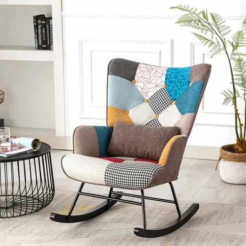 Schaukelstuhl Patchwork Sessel mit Metallgestell und Holzsockel Schwingsessel Relaxstuhl Retro