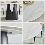 Modern Round White Dining Table，Sintered Stone Tabletop, Solid Black Carbon Steel Base