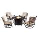 Outdoor Aluminum 44 in. Round Fire Table Set with Four Deep Seating Swivel Rocking Chairs & Accessories