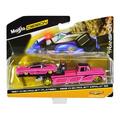 Diecast 1957 Chevrolet Flatbed Truck and 1959 Chevrolet Impala SS Hot Pink with Black Top and Graphics Elite Transport Series 1/64 Diecast Models by Maisto