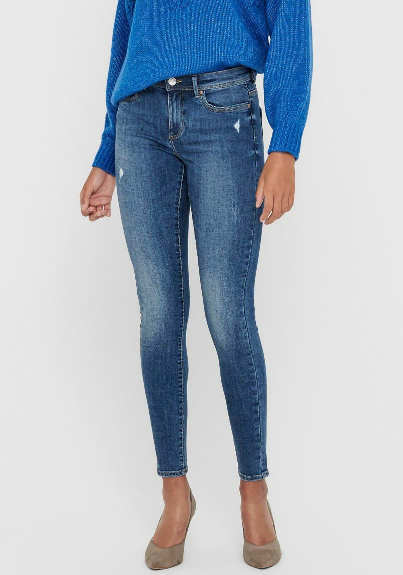 Skinny-fit-Jeans ONLY "ONLWAUW – Skinny-Jeans mit Destroyed-Effekt und Stretch", Damen, Gr. L (40), Länge 30, blau (medium, blau), Denim/Jeans, Obermaterial: 64% Baumwolle, 31% Polyester, 3% Viskose, 2% Elasthan, Abriebeffekte, skinny fit, Jeans,... Image