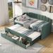 Twin Size Upholstered Daybed with Trundle and 3 Drawers, Solid Wood Sofa Bed Frame with Swooping Arms, No Box Spring Needed