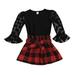 Bagilaanoe 2Pcs Toddler Baby Girls Skirt Set Long Mesh Flare Sleeve Shirts Tops + Plaid Skirt 1T 2T 3T 4T 5T 6T Kids Casual Outfits