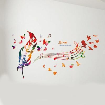 YIDOMDE Autocollant mural coloré de notes de musique avec des plumes colorées, des oiseaux et des