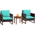 3-Piece Patio Bistro Set Acacia Wood Outdoor Chat Conversation Table Chair Set Outdoor Wood Chat Set with Water Resistant Cushions and Coffee Table for Beach Backyard Garden Blue Cushion