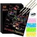 Triani Scratch Paper Art Set 50 Sheets Rainbow Card Paper Black Scratch it Off Paper Crafts Notes Boards with 5 Wooden Stylus and 4 Stencils for Kids DIY Christmas Birthday Gift