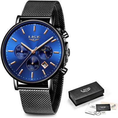 Men Watches Fashion Black Stainless Steel Waterproof Chronograph Quartz Analog Watch for Male