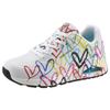 Wedgesneaker SKECHERS "UNO-SPREAD THE LOVE", Damen, Gr. 41, weiß, bunt allover, Lederimitat, kontrastfarbene Details, sportlich, Schuhe Sneaker, Freizeitschuh, Halbschuh, Schnürschuh mit coolem Graffiti-Print