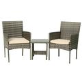 3 Piece Outdoor Furniture Set Patio Gray Wicker Chairs Furniture Bistro Conversation Set 2 Rattan Chairs with Khaki Cushions and Glass Coffee Table for Porch Lawn Garden Balcony Backyard