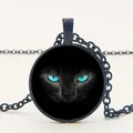 Collier rétro fait à la main avec pendentif en alliage de verre yeux bleus temps de chat noir