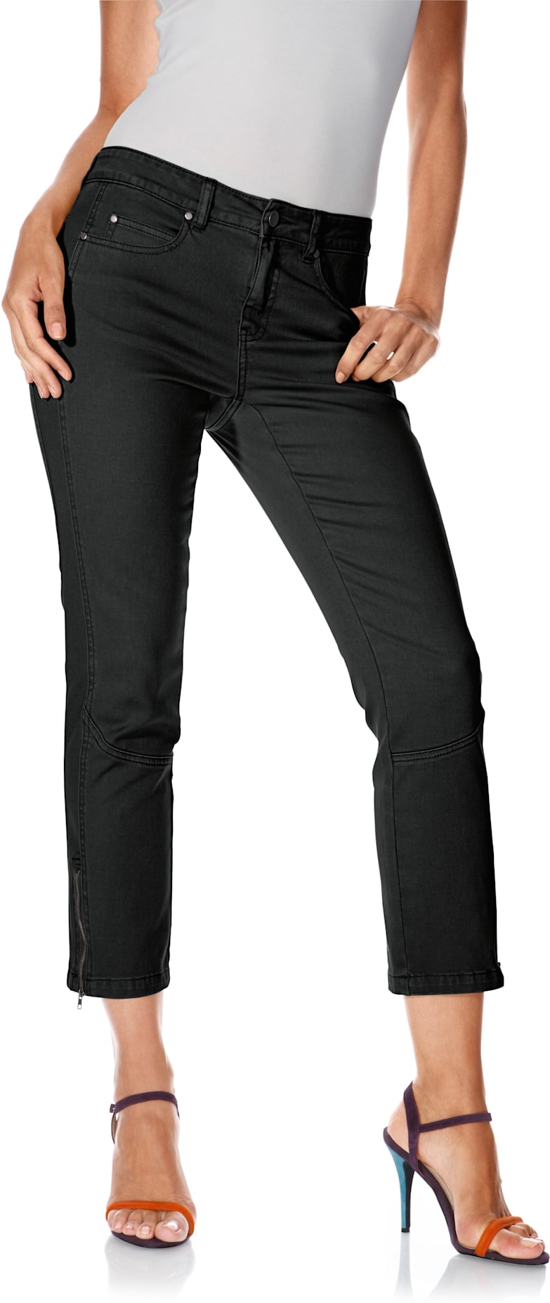 Röhrenjeans, Damen, Gr. 22, Kurzgrößen, blau (schwarz denim), 76% Baumwolle, 16% Polyester, 7% Viskose, 1% Elasthan, Miedereinsatz:15% Elasthan, 85% Polyamid, LINEA TESINI BY HEINE, unifarben, 7/8-Länge, Jeans Image
