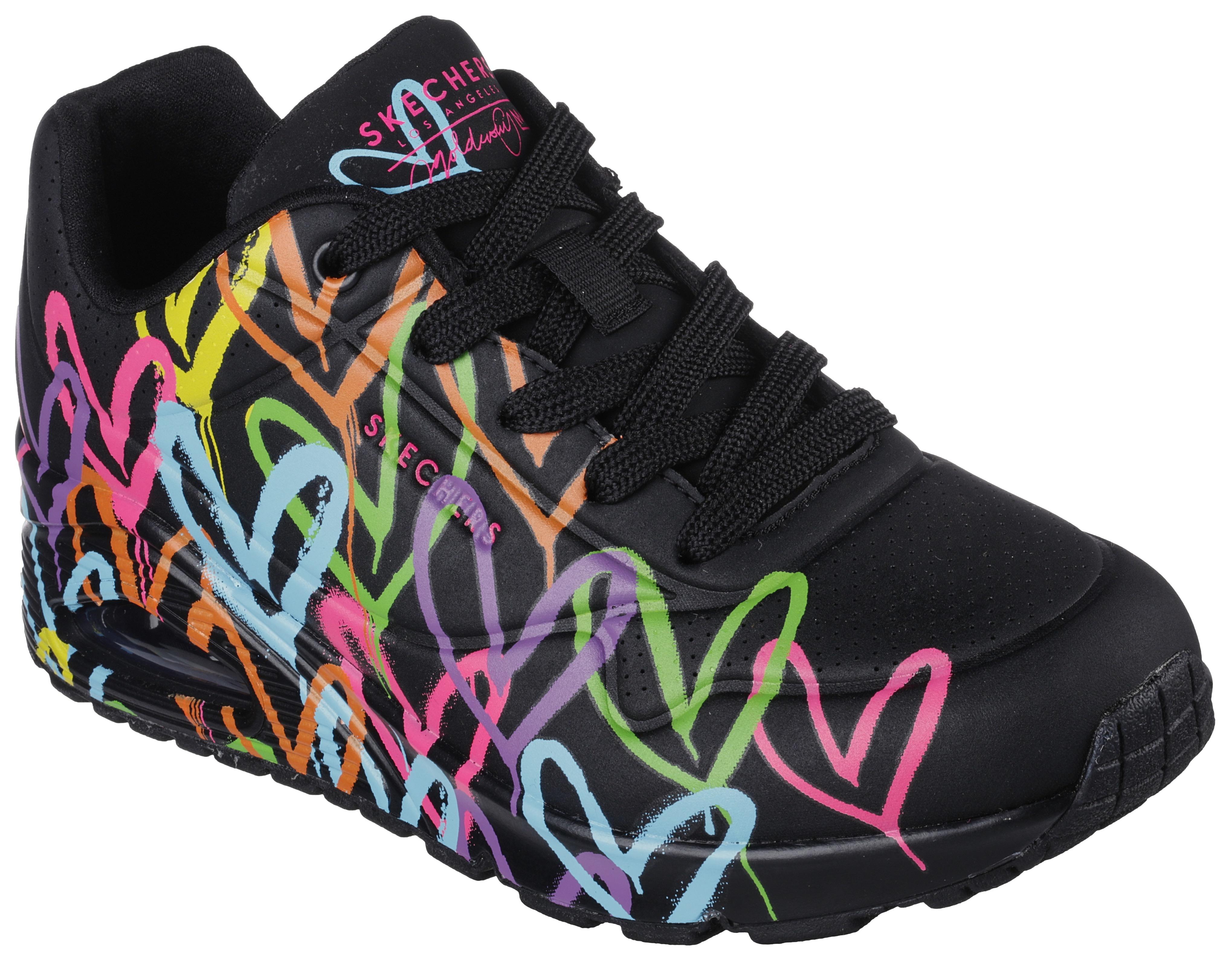 Sneaker SKECHERS "UNO - HIGHLIGHT LOVE", Damen, Gr. 42, bunt (schwarz, multi), Lederimitat, Textil, kontrastfarbene Details, Schuhe Sneaker, Freizeitschuh, Halbschuh, Schnürschuh mit Herzchen-Print