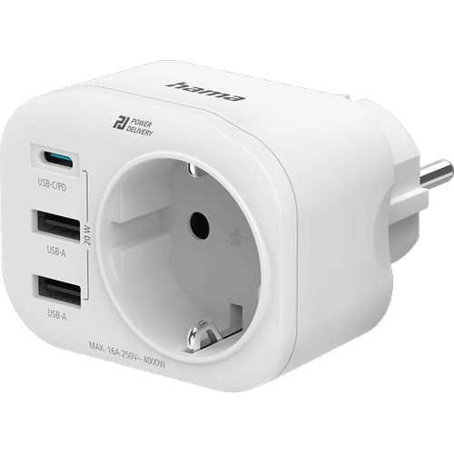 HAMA 1x USB-C PD, 2x USB-A, Schutzkontakt Steckdosenadapter
